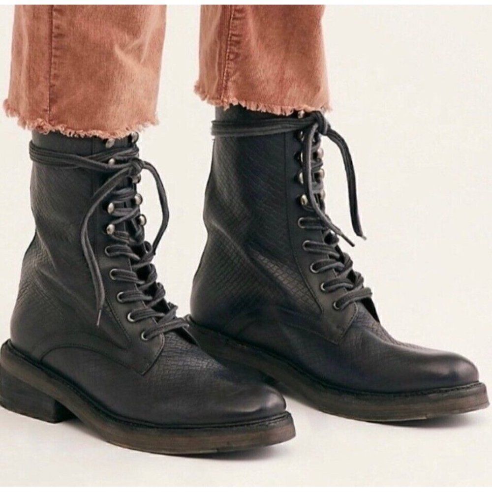 NEW FREE PEOPLE SANTA FE LACE UP BOOTS IN BLACK CROC